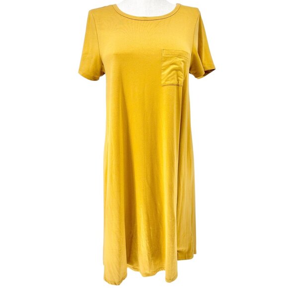 LuLaRoe Carly Dress Womens M SS Mustard Yellow A-Line Soft Stretchy Pocket HiLow - Picture 1 of 9